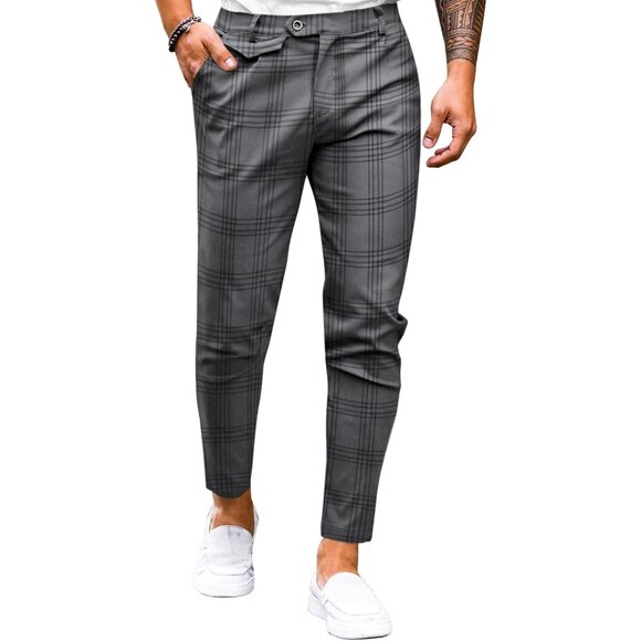 🆕 Men Grey Slim Fit Pants Flat Front Stretch Skinny Tapered Casual Trousers - Picture 1 of 6